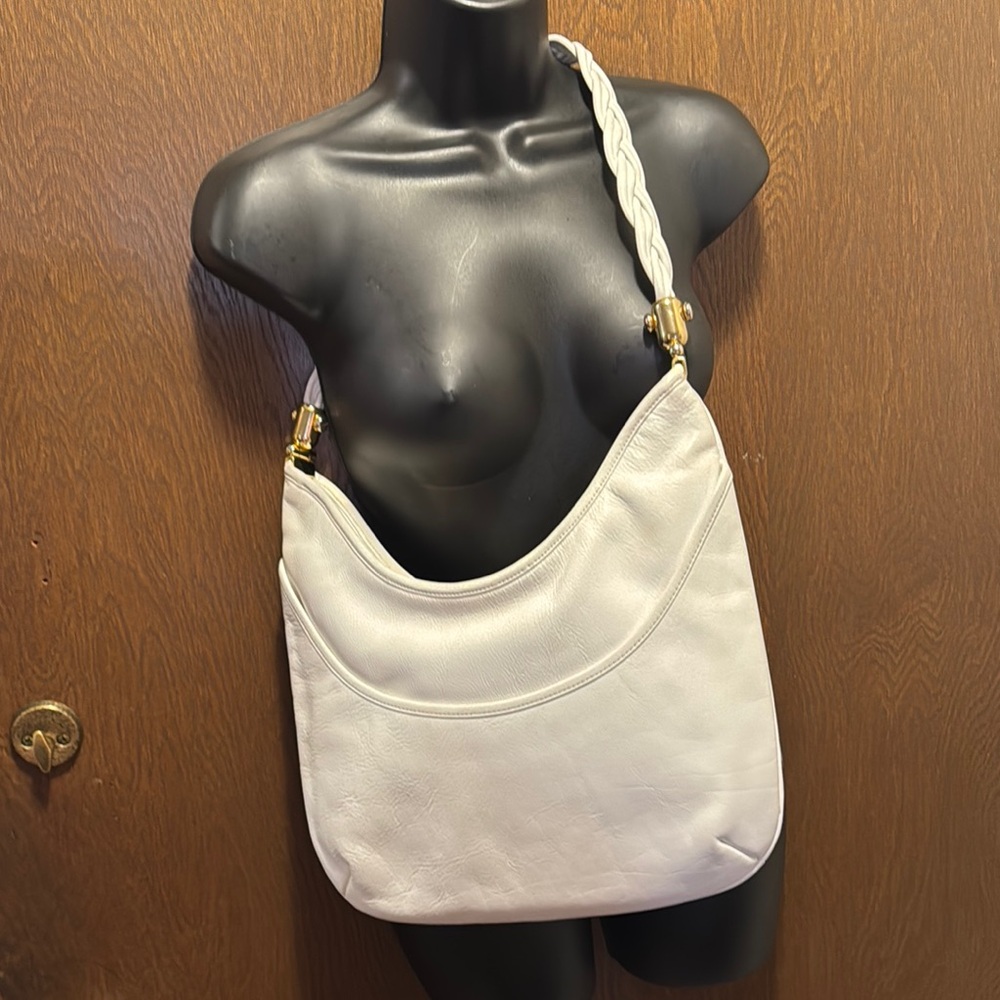White Textured Shoulder Bag with Gold Hardware
